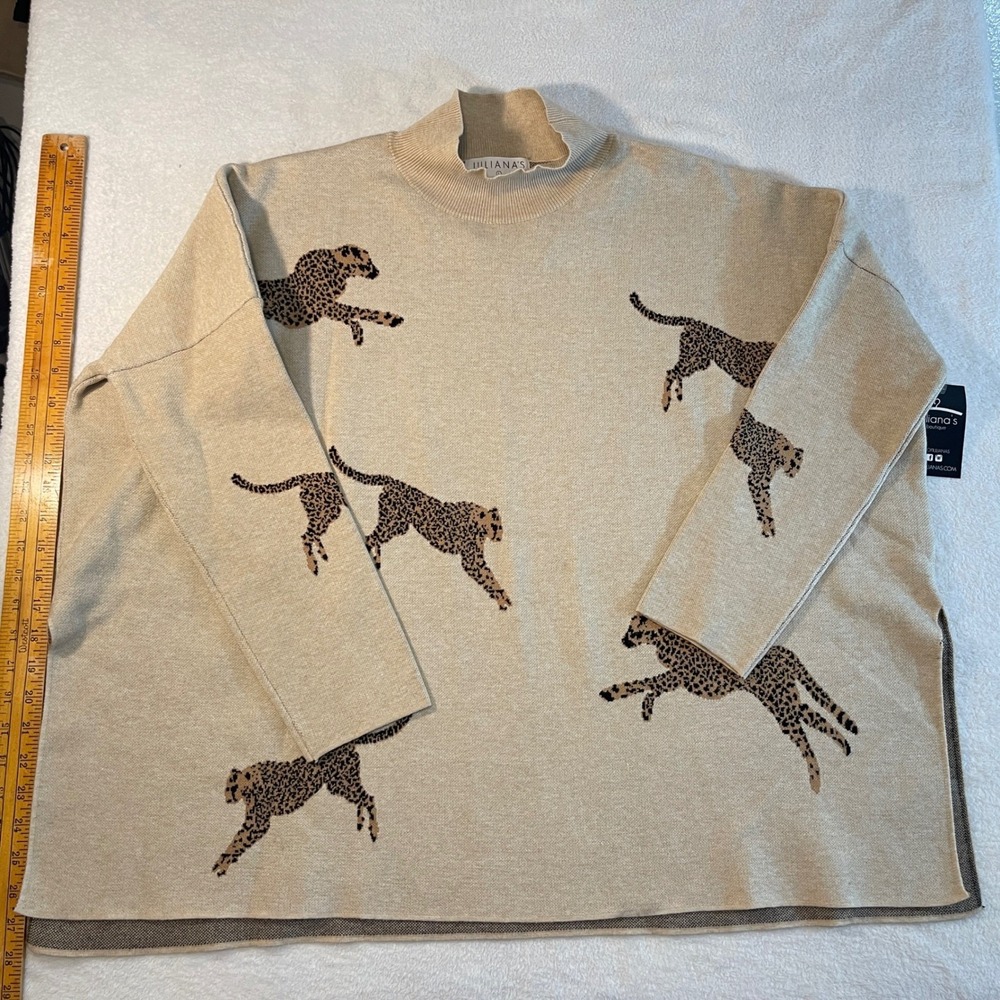 Juliana's Boutique Tan Cheetah Leaping Leopard Mock Neck Oversized Sweater Large